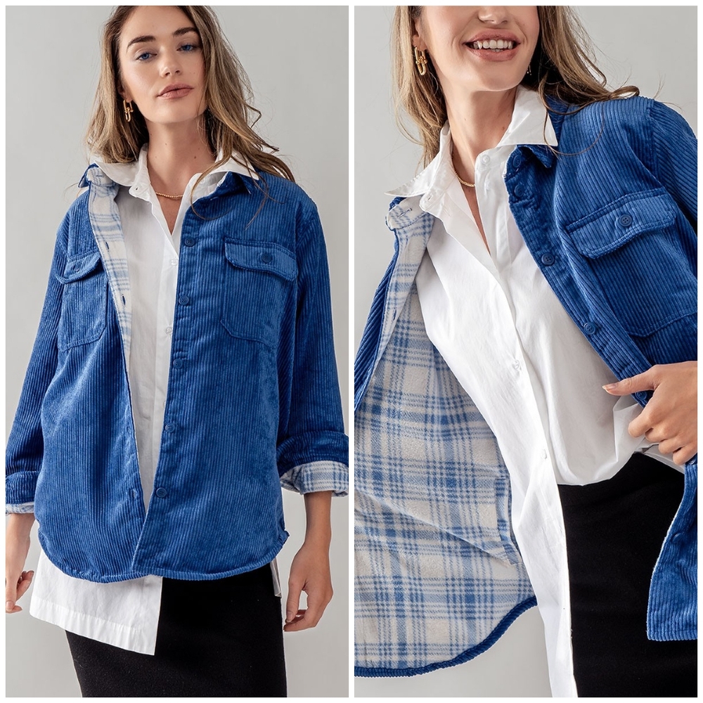 2 in 1 Royal Blue Corduroy Flannel Reversible Jacket